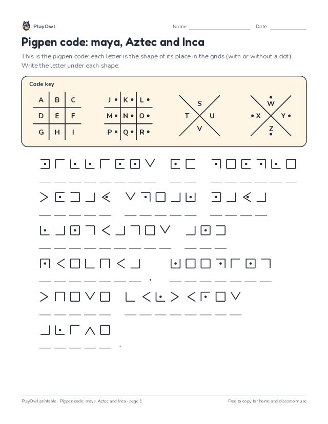 Pigpen code: maya, Aztec and Inca: secret code puzzle for Grade 6, page 1 preview