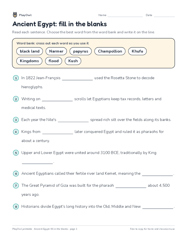 Ancient Egypt: fill in the blanks: fill-in-the-blank worksheet for Grade 6, page 1 preview