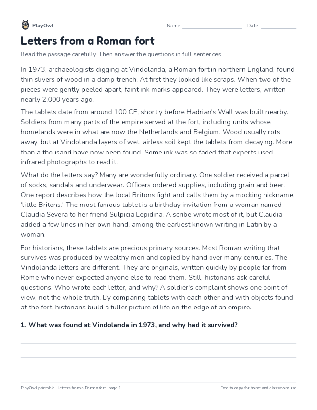 Letters from a Roman fort: reading passage for Grades 6–8, page 1 preview
