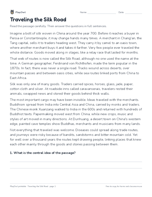 Traveling the Silk Road: reading passage for Grades 6–7, page 1 preview