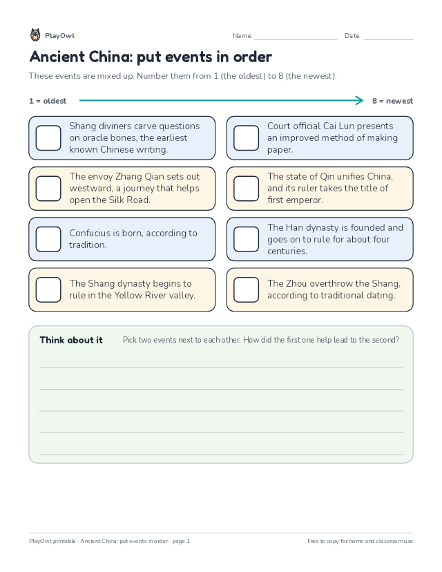 Ancient China: put events in order: timeline worksheet for Grades 6–7, page 1 preview