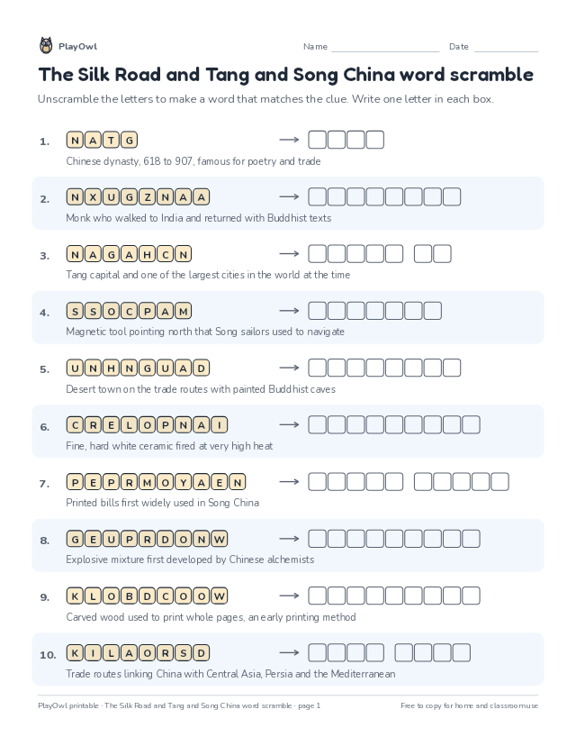 The Silk Road and Tang and Song China word scramble: word scramble for Grade 6, page 1 preview