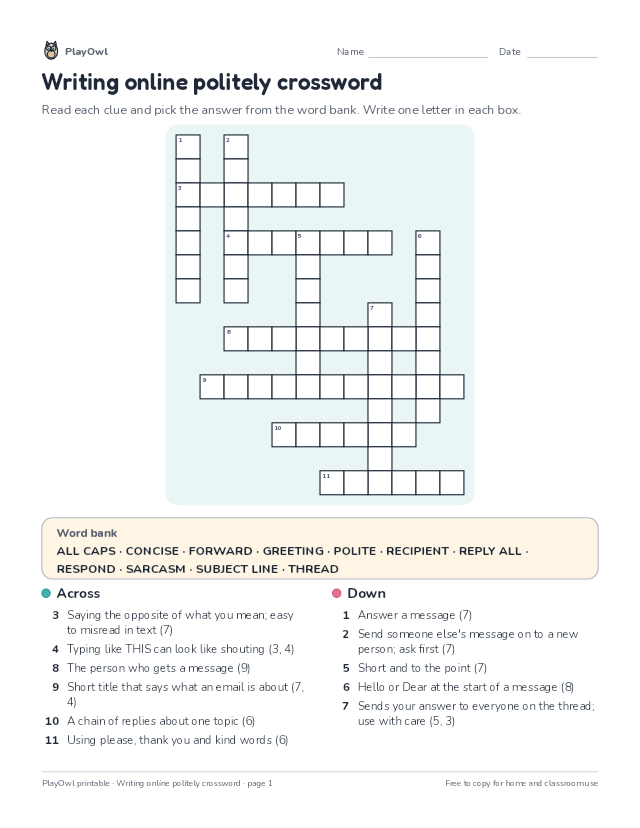 Writing online politely crossword: crossword puzzle for Grade 6, page 1 preview