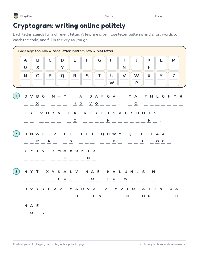Cryptogram: writing online politely: secret code puzzle for Grade 6, page 1 preview