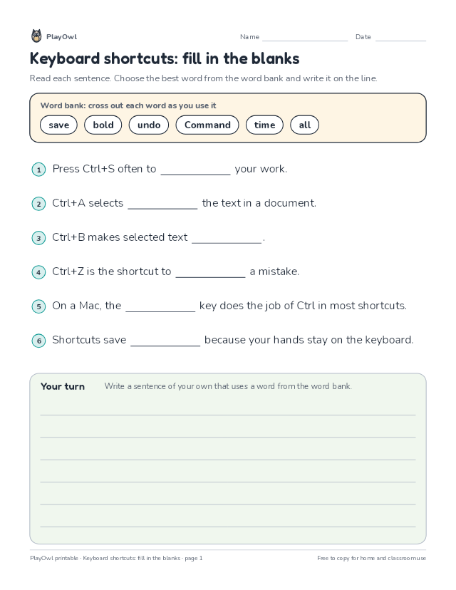 Keyboard shortcuts: fill in the blanks: fill-in-the-blank worksheet for Grade 6, page 1 preview