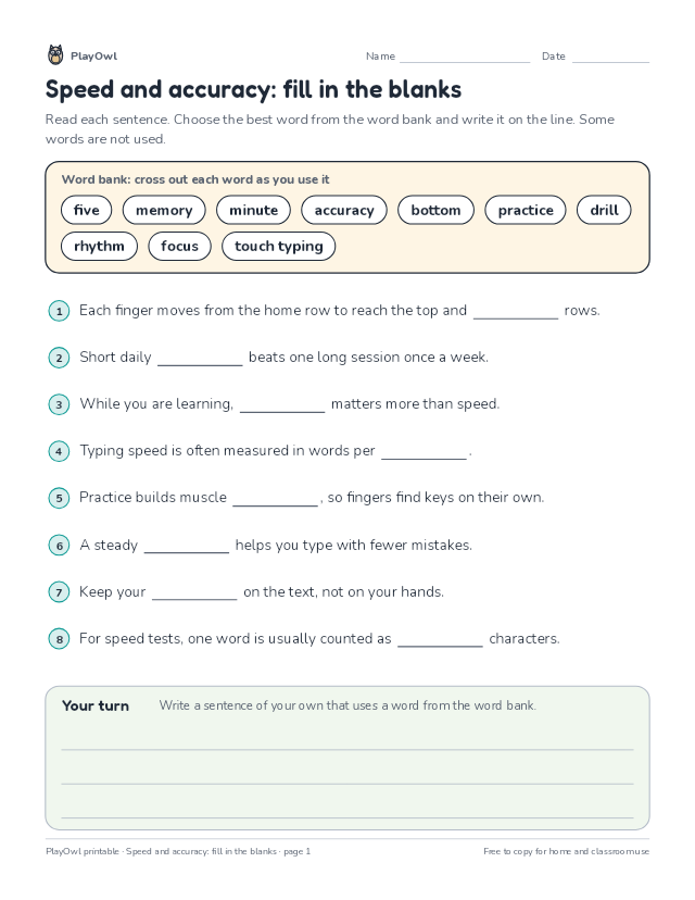 Speed and accuracy: fill in the blanks: fill-in-the-blank worksheet for Grade 6, page 1 preview
