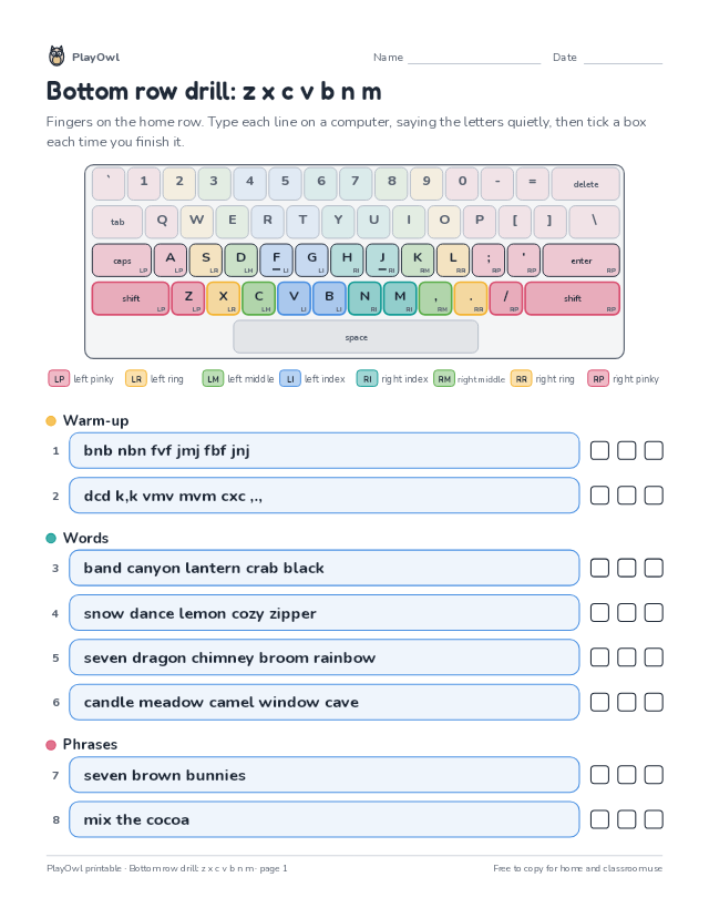 Bottom row drill: z x c v b n m: typing worksheet for Grades 6–8, page 1 preview