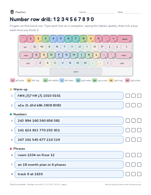 Number row drill: 1 2 3 4 5 6 7 8 9 0: typing worksheet for Grades 6–8, page 1 preview