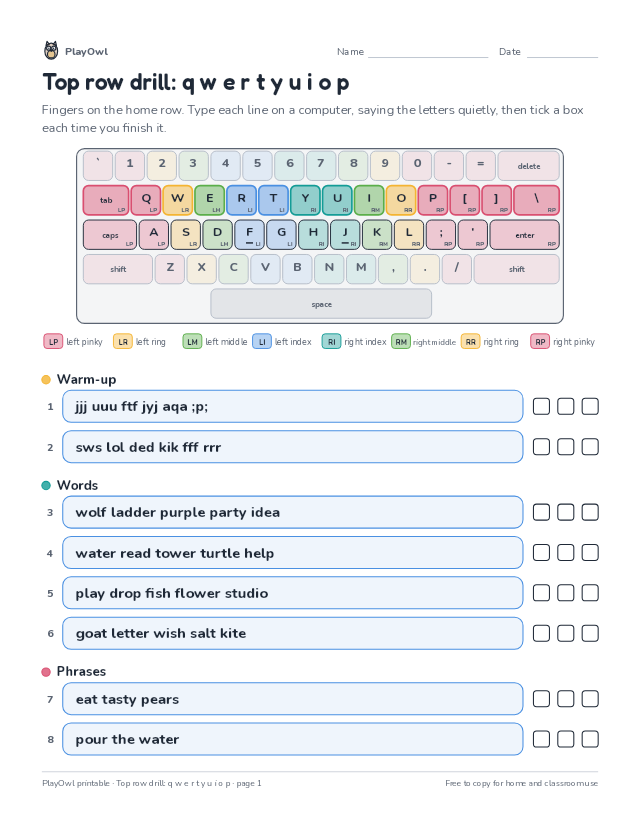 Top row drill: q w e r t y u i o p: typing worksheet for Grade 6, page 1 preview