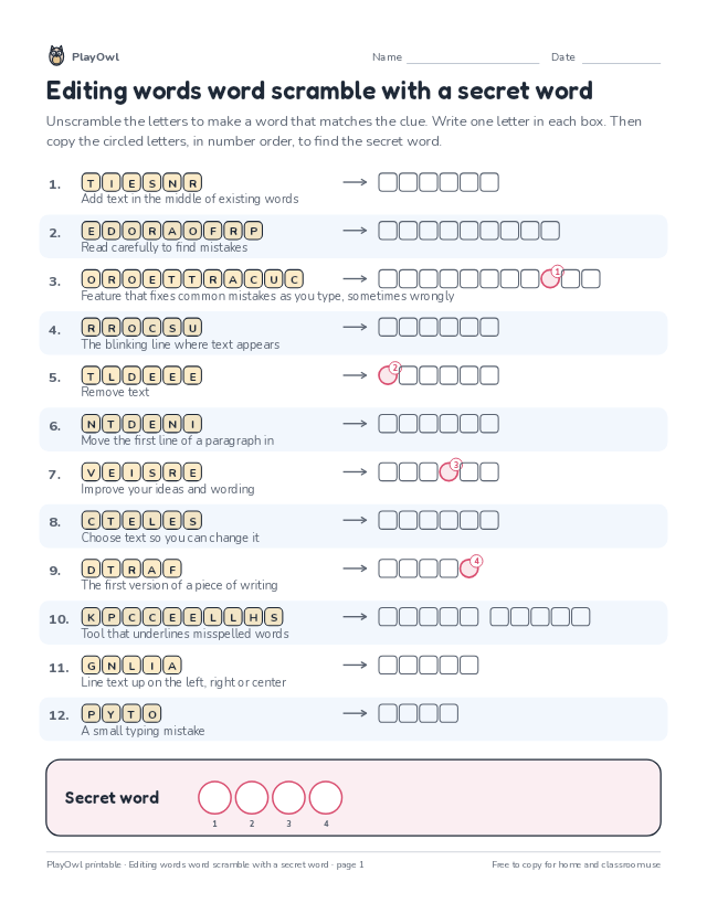 Editing words word scramble with a secret word: word scramble for Grade 6, page 1 preview