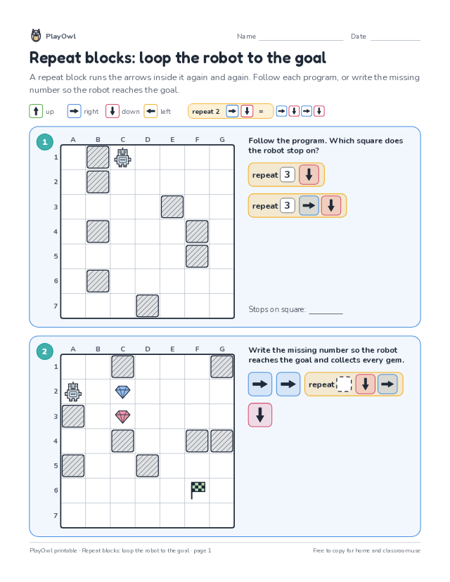 Repeat blocks: loop the robot to the goal: coding puzzle for Grade 7, page 1 preview