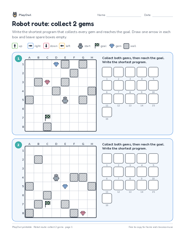 Robot route: collect 2 gems: coding puzzle for Grade 7, page 1 preview