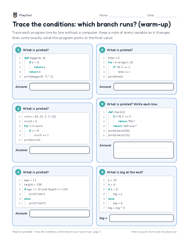Trace the conditions: which branch runs? (warm-up): coding worksheet for Grade 7, page 1 preview
