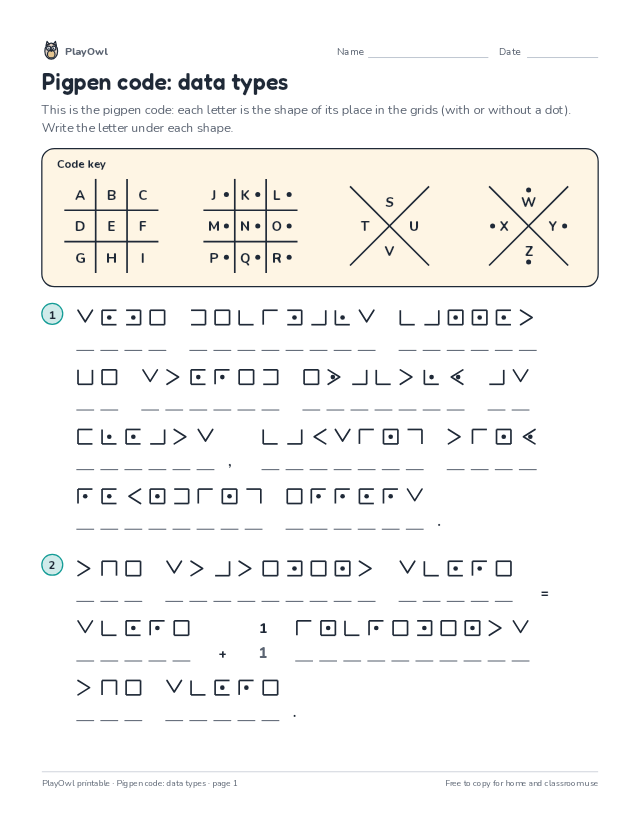 Pigpen code: data types: secret code puzzle for Grade 7, page 1 preview