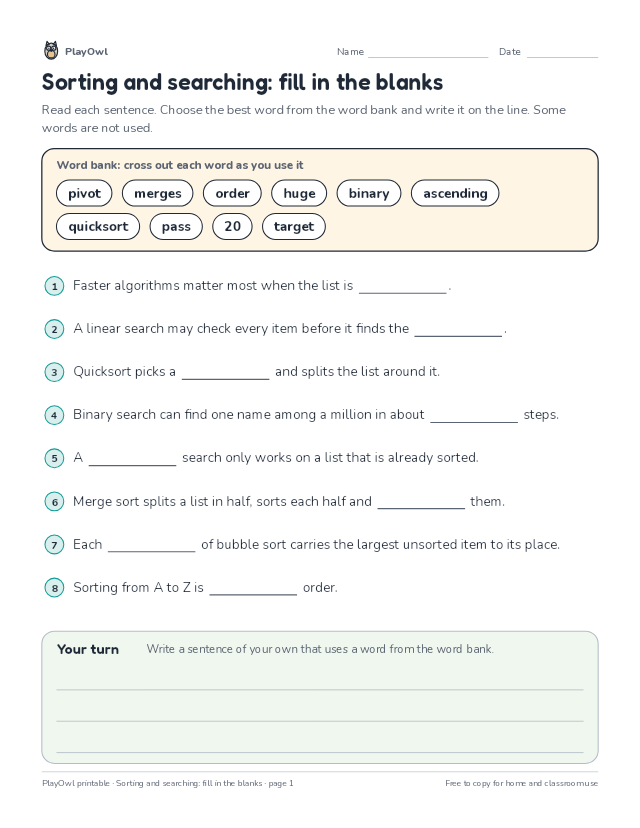 Sorting and searching: fill in the blanks: fill-in-the-blank worksheet for Grades 7–8, page 1 preview