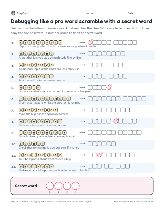 Debugging like a pro word scramble with a secret word: word scramble for Grade 7, page 1 preview
