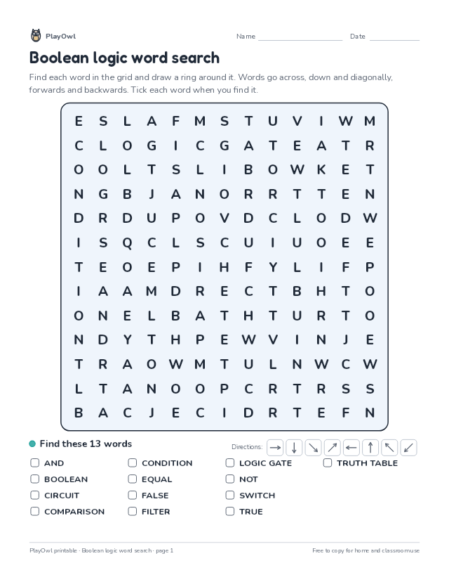 Boolean logic word search: word search for Grade 7, page 1 preview