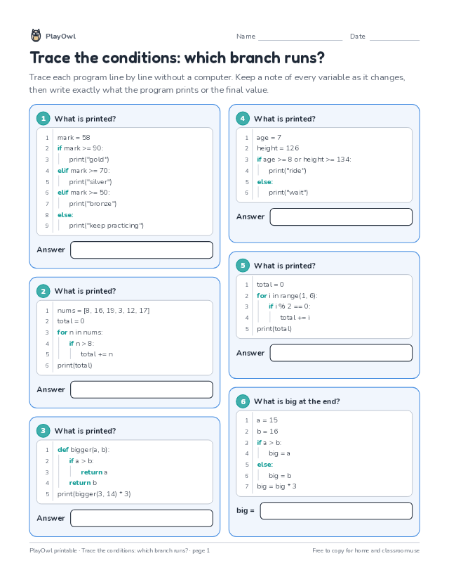 Trace the conditions: which branch runs?: coding worksheet for Grade 7, page 1 preview