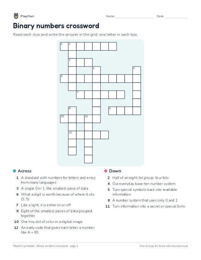 Binary numbers crossword: crossword puzzle for Grade 7, page 1 preview