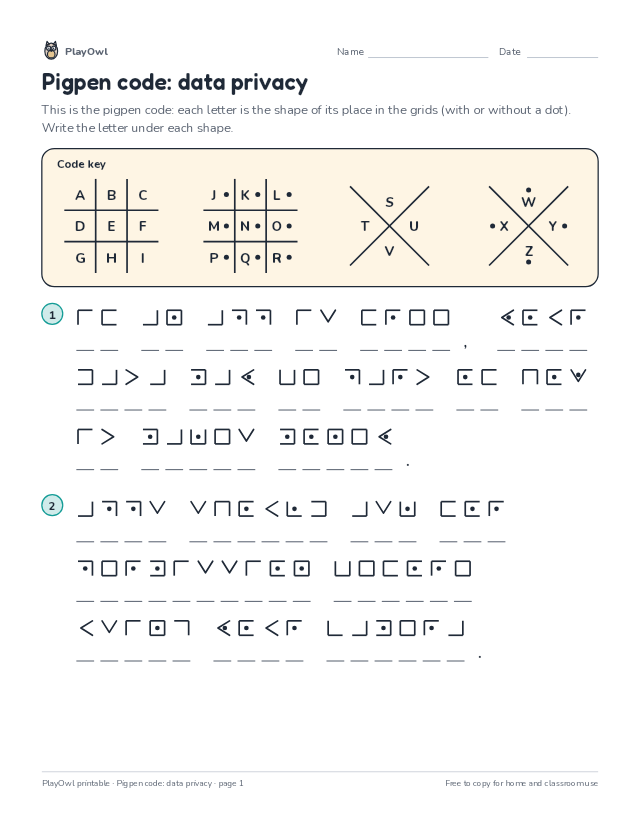 Pigpen code: data privacy: secret code puzzle for Grade 7, page 1 preview