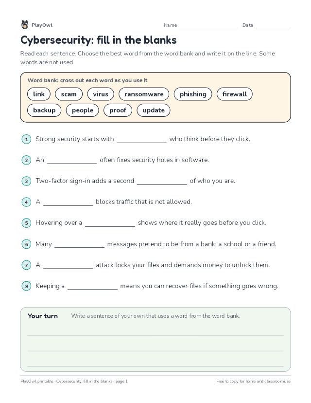 Cybersecurity: fill in the blanks: fill-in-the-blank worksheet for Grade 7, page 1 preview