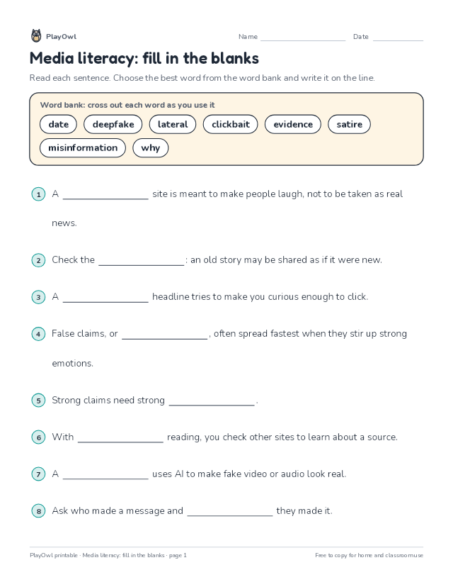Media literacy: fill in the blanks: fill-in-the-blank worksheet for Grade 7, page 1 preview