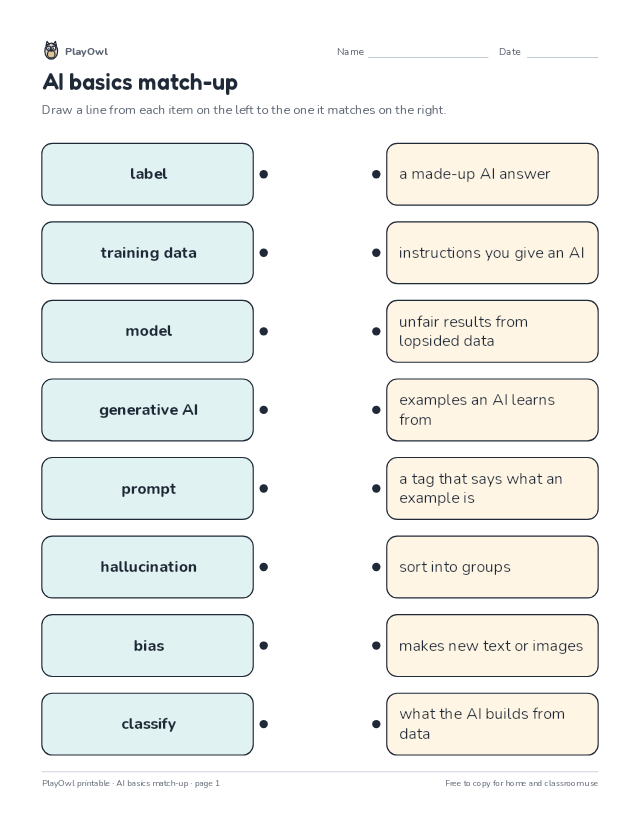AI basics match-up: matching worksheet for Grade 7, page 1 preview