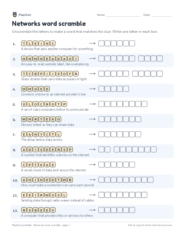 Networks word scramble: word scramble for Grade 7, page 1 preview