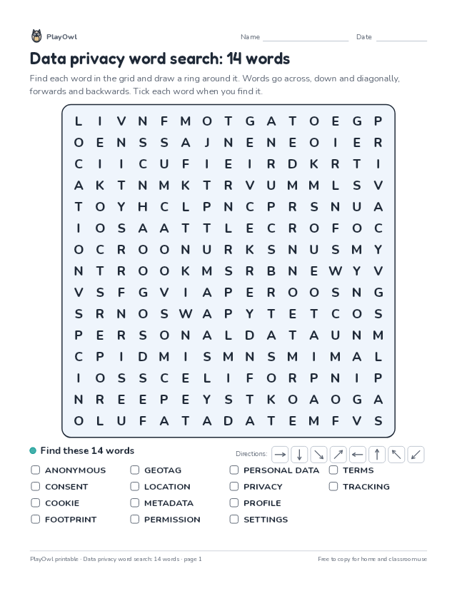 Data privacy word search: 14 words: word search for Grade 7, page 1 preview