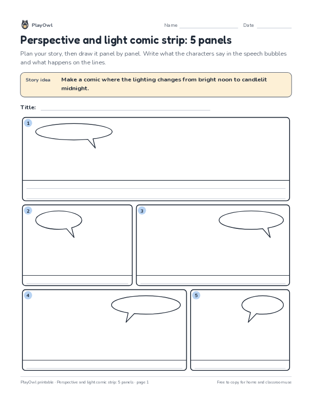 Perspective and light comic strip: 5 panels: comic strip worksheet for Grades 7–8, page 1 preview