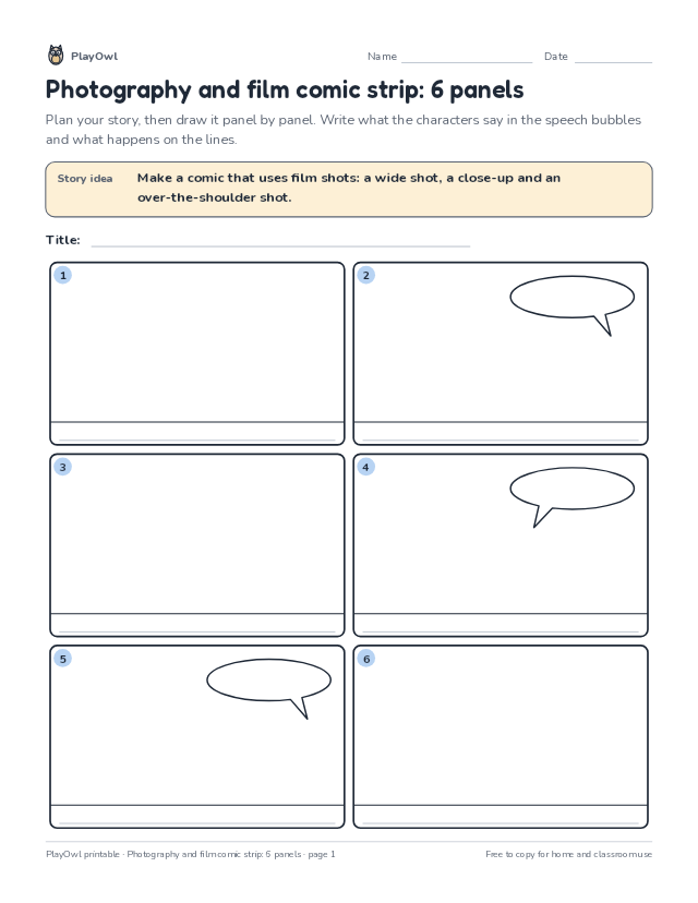 Photography and film comic strip: 6 panels: comic strip worksheet for Grade 7, page 1 preview