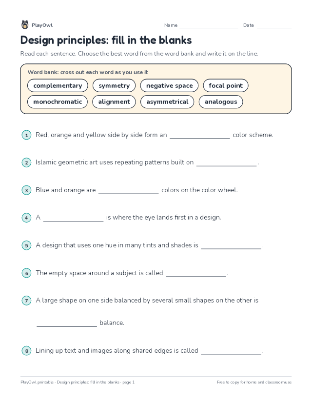 Design principles: fill in the blanks: fill-in-the-blank worksheet for Grades 7–9, page 1 preview