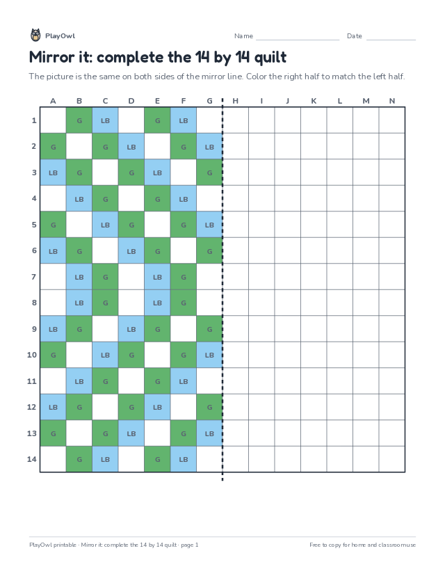 Mirror it: complete the 14 by 14 quilt: grid drawing worksheet for Grade 7, page 1 preview
