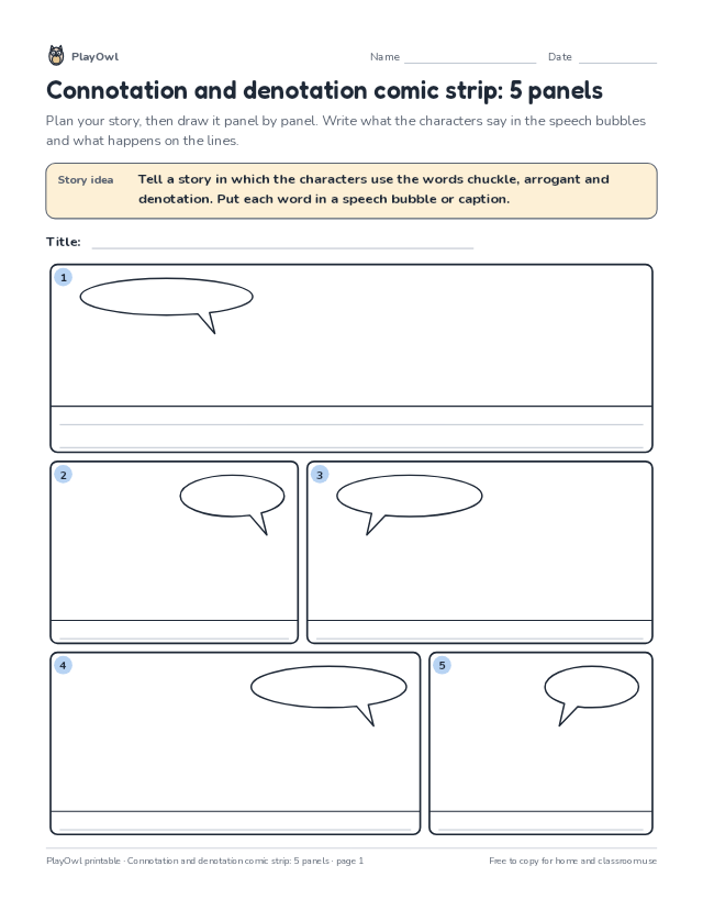 Connotation and denotation comic strip: 5 panels: comic strip worksheet for Grade 7, page 1 preview