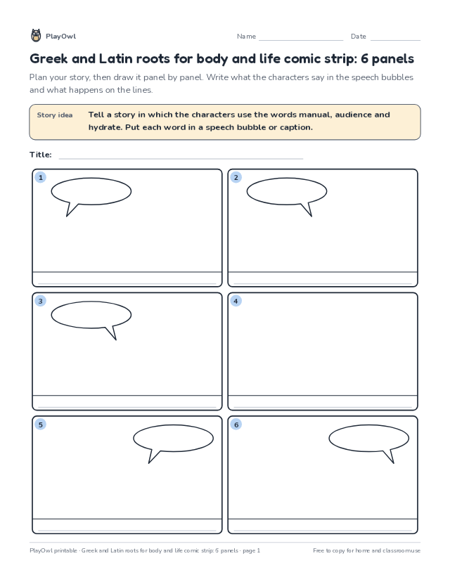 Greek and Latin roots for body and life comic strip: 6 panels: comic strip worksheet for Grade 7, page 1 preview