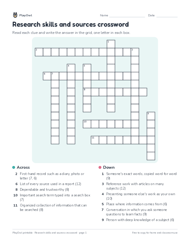 Research skills and sources crossword: crossword puzzle for Grade 7, page 1 preview