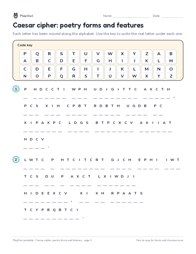 Caesar cipher: poetry forms and features: secret code puzzle for Grade 7, page 1 preview