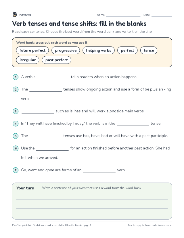 Verb tenses and tense shifts: fill in the blanks: fill-in-the-blank worksheet for Grade 7, page 1 preview
