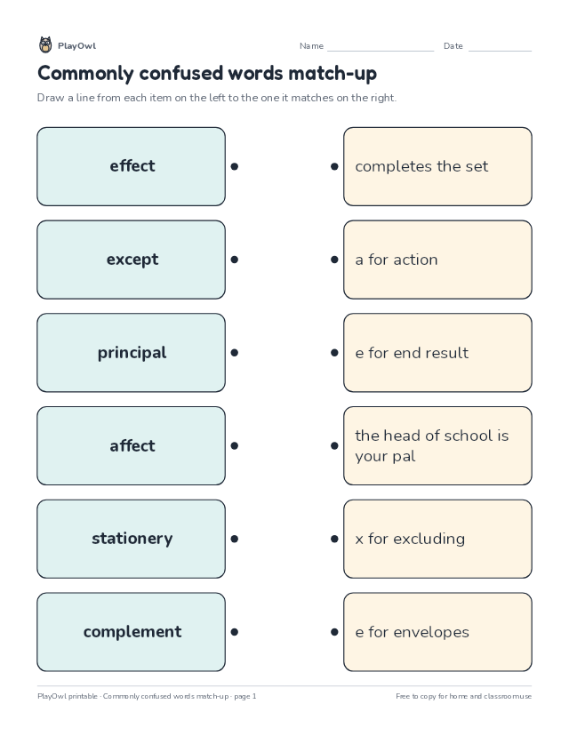 Commonly confused words match-up: matching worksheet for Grade 7, page 1 preview