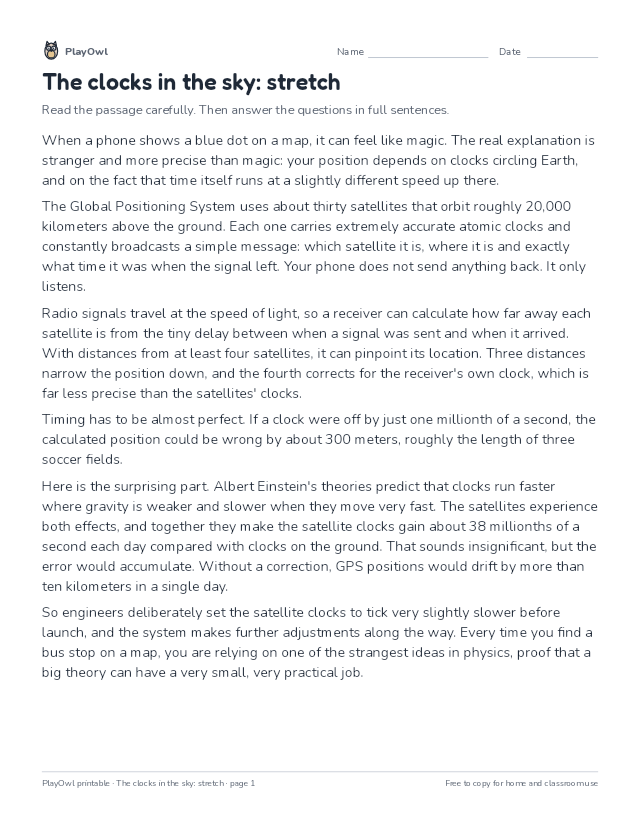 The clocks in the sky: stretch: reading passage for Grade 7, page 1 preview
