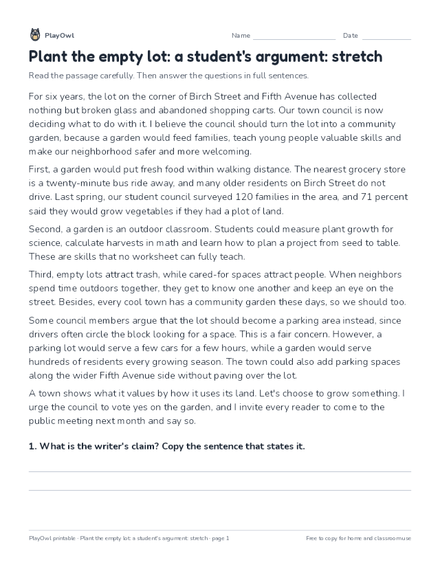 Plant the empty lot: a student's argument: stretch: reading passage for Grades 7–8, page 1 preview