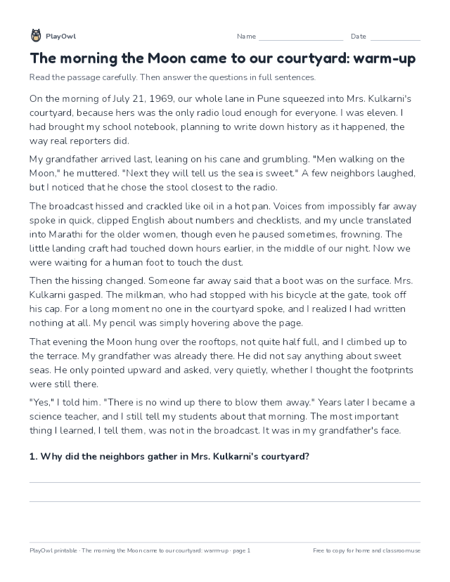 The morning the Moon came to our courtyard: warm-up: reading passage for Grade 7, page 1 preview