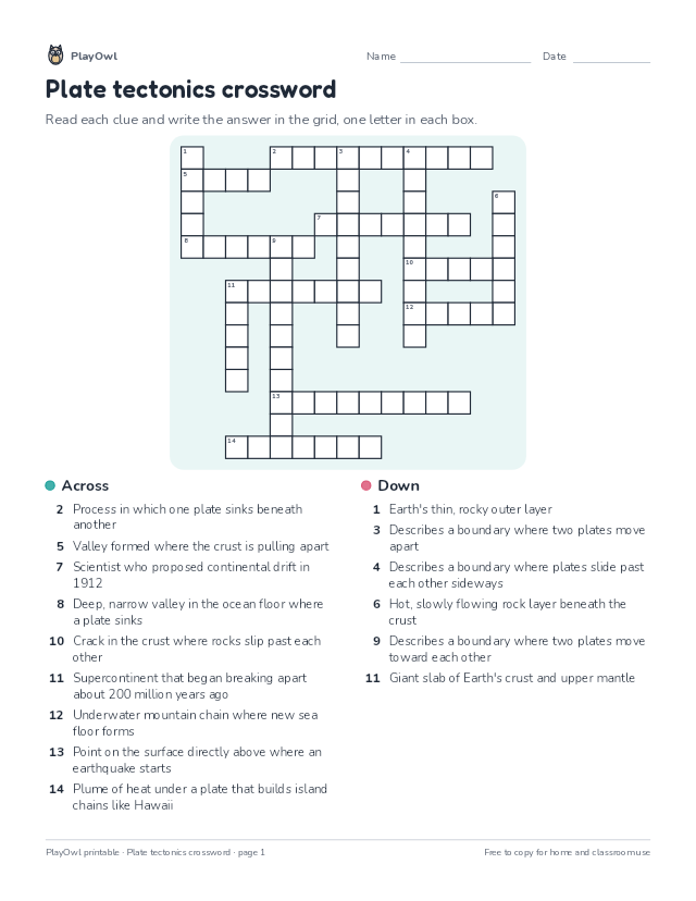 Plate tectonics crossword: crossword puzzle for Grade 7, page 1 preview