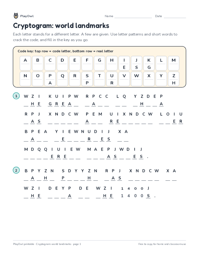 Cryptogram: world landmarks: secret code puzzle for Grade 7, page 1 preview