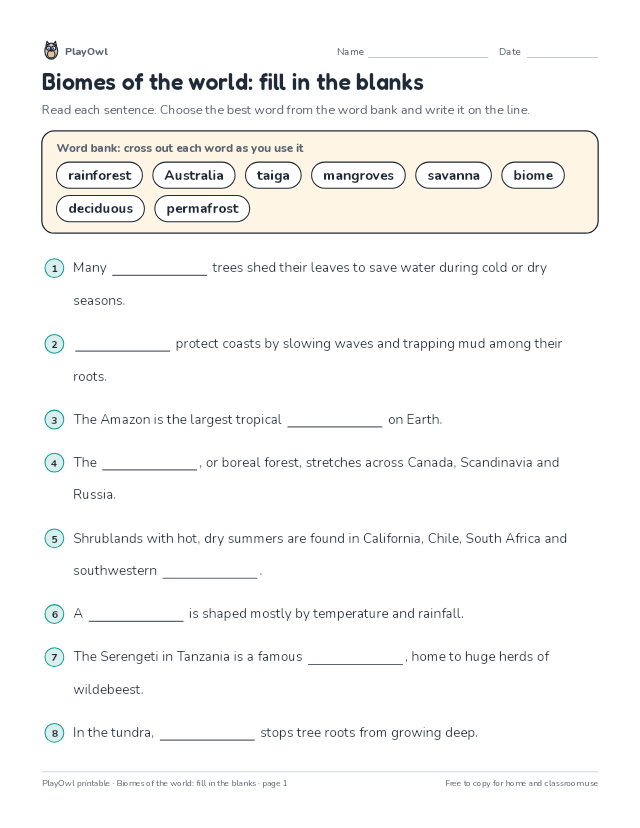 Biomes of the world: fill in the blanks: fill-in-the-blank worksheet for Grade 7, page 1 preview