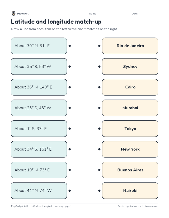 Latitude and longitude match-up: matching worksheet for Grade 7, page 1 preview