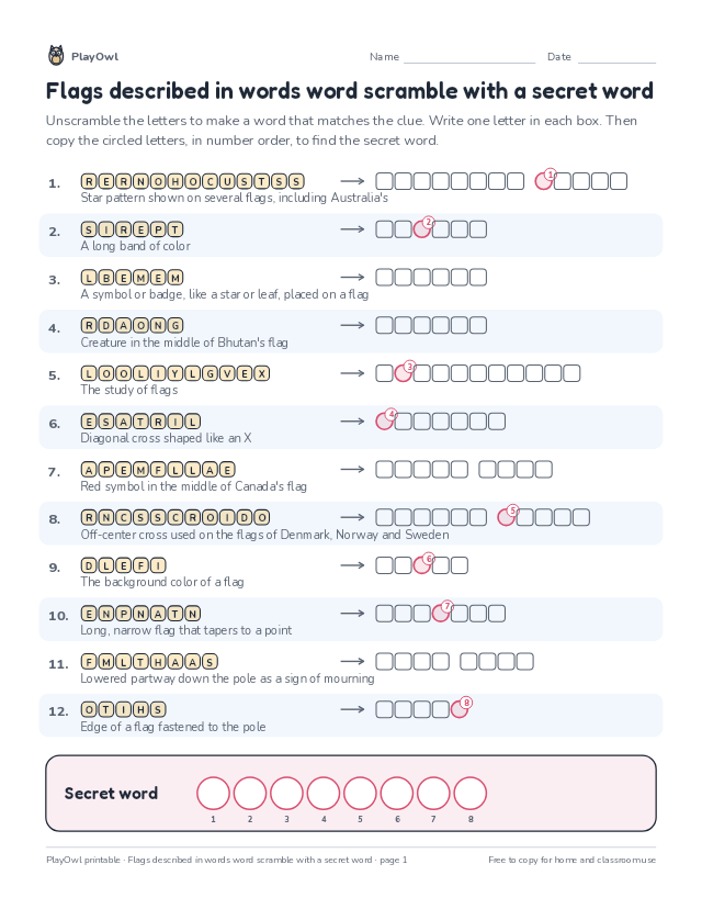 Flags described in words word scramble with a secret word: word scramble for Grade 7, page 1 preview