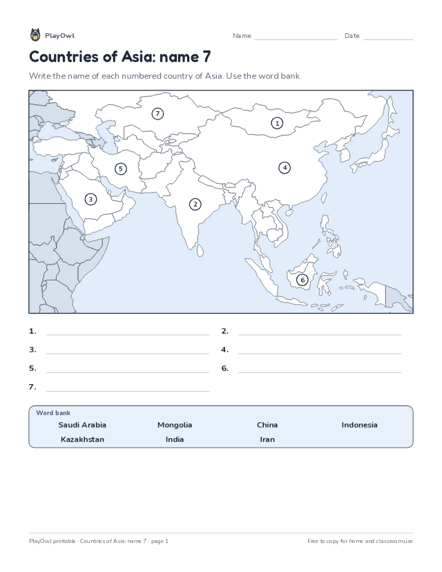 Countries of Asia: name 7: map worksheet for Grade 7, page 1 preview