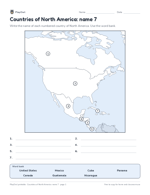 Countries of North America: name 7: map worksheet for Grades 7–11, page 1 preview