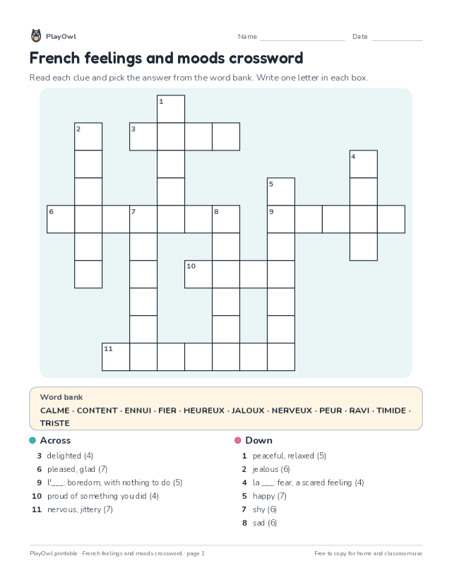 French feelings and moods crossword: crossword puzzle for Grade 7, page 1 preview